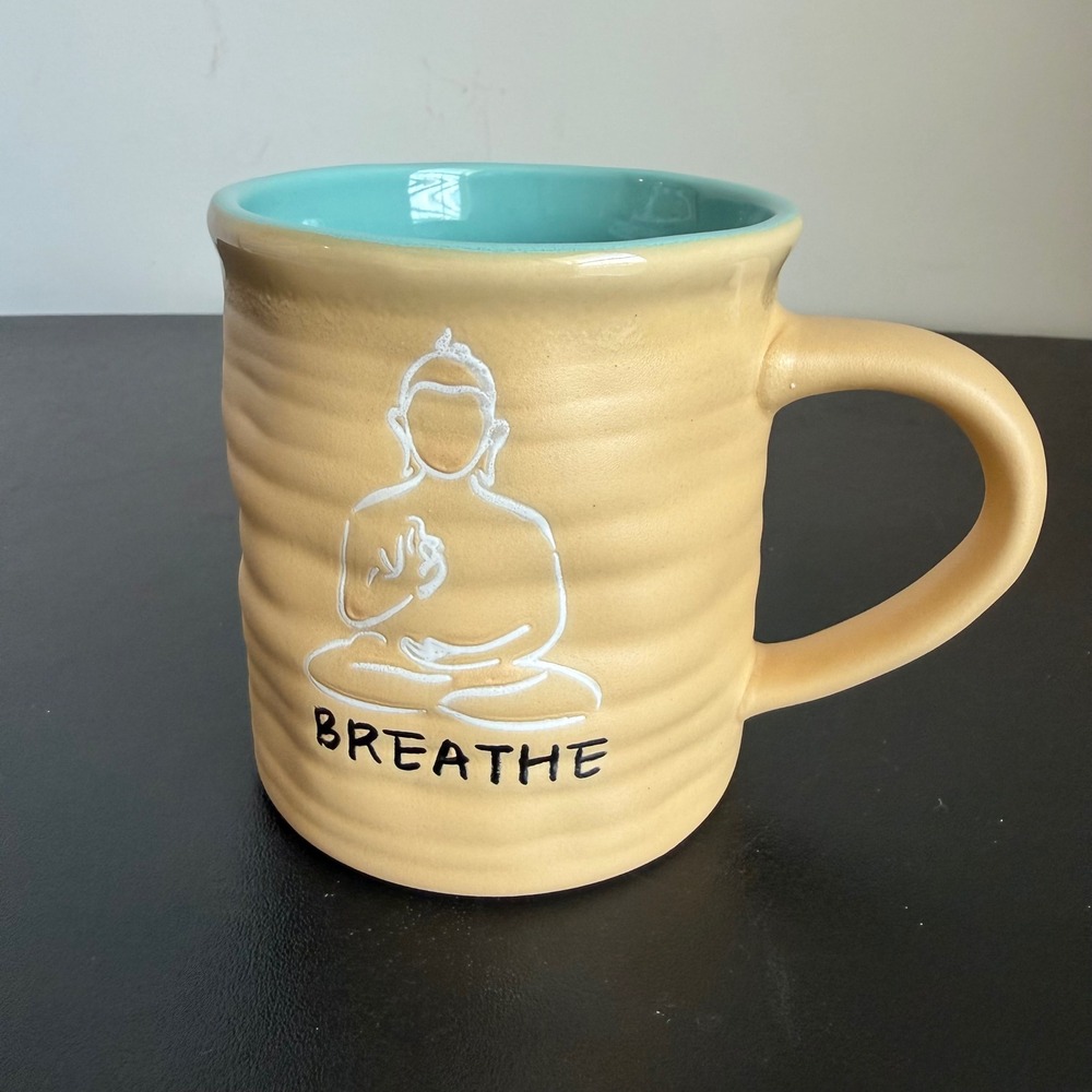 Spectrum Designz Coffee Mug Tan Turquoise Buddha Breathe Zen Ribbed Ceramic